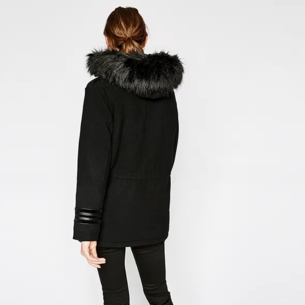 Kooples Black Wool Mid-length Coat with Faux Fur | Size XS (US 2-4)
